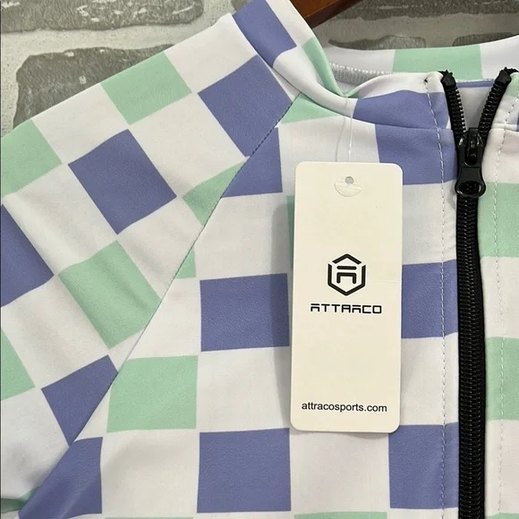 Attraco‎ Sport Purple-Green Plaid Long Sleeve Swimsuit UPF50+ Rash Guard Small - Picture 7 of 16